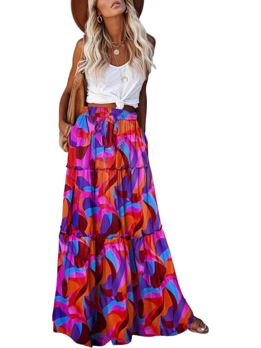 Womens Boho Maxi Skirt 2026 Summer Cruise Casual High Waist Tie Flowy Long Skirt